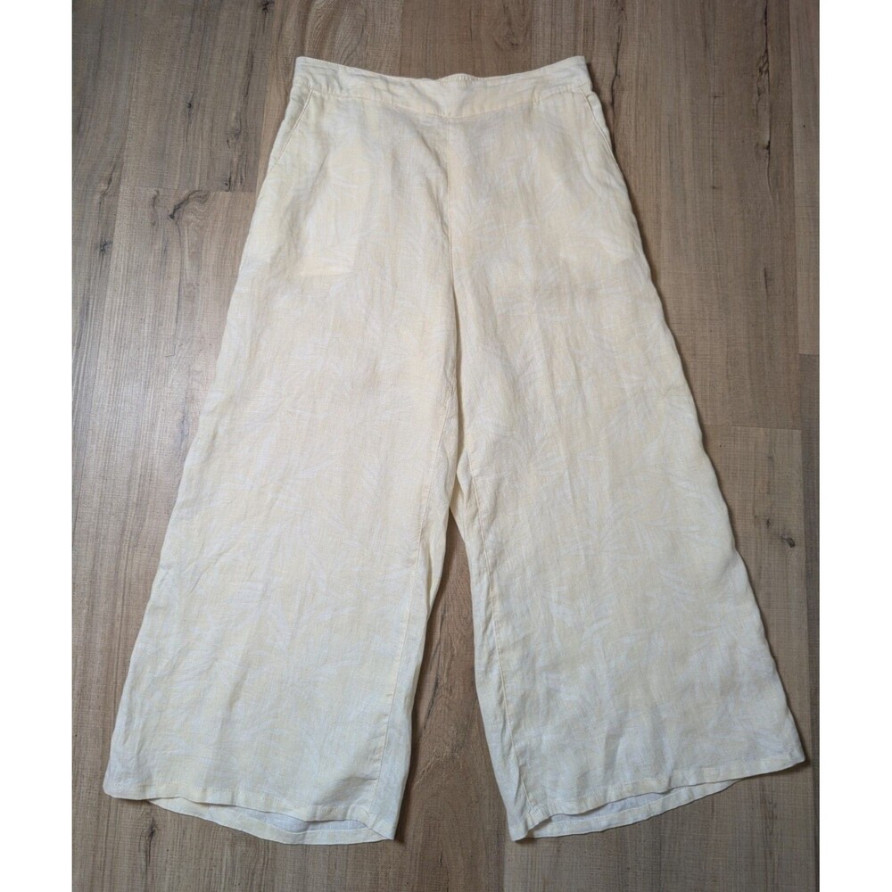 Nicole Miller Size L 100% European Linen Pants Wide Leg Cropped Cream Palm Boho